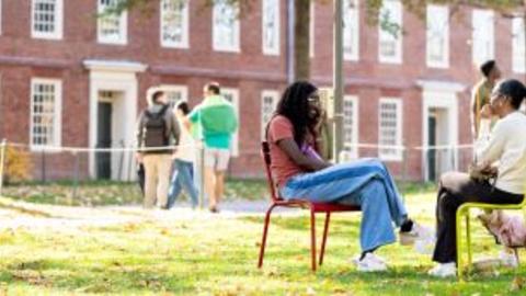 Students sitting in Harvard Yard on a sunny day