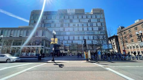 Outside of the Smith Campus Center on a cloudless, sunny day