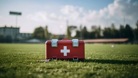Expansive view of a first aid box in a school sports field or playground.
