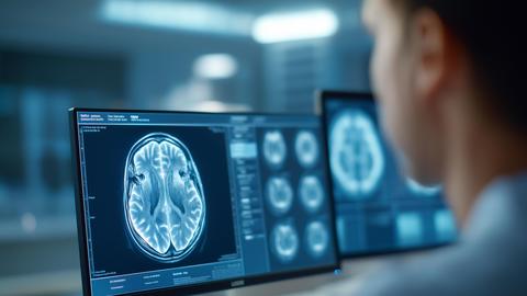 MRI scanner brain scan results defocused displayed monitors, faceless diagnostic imaging, neurology visualization detail, blurred modern room, medical concept, radiology interface