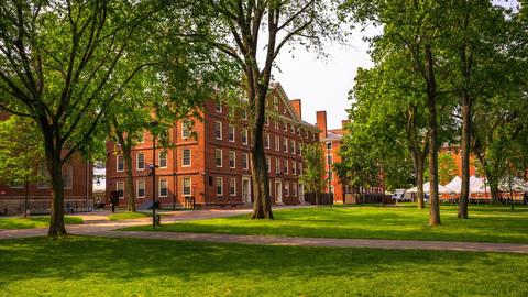 Historic red brick academic buildings at Harvard University in Cambridge