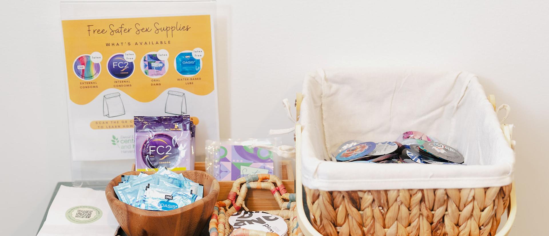 Assortment is condoms, dental dams, and other safer sex supplies offered at the Center for Wellness and Health Promotion at Harvard University